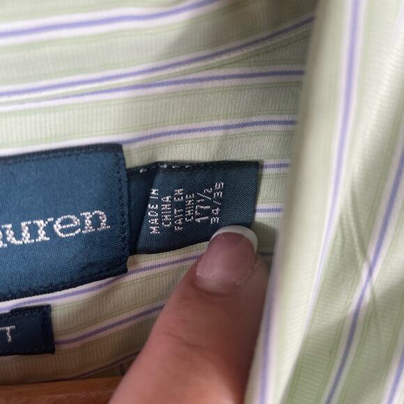 Ralph Lauren Long Sleeve Shirt Men Size17.5 Green Classic Fit Stripe Button Down - Picture 4 of 10